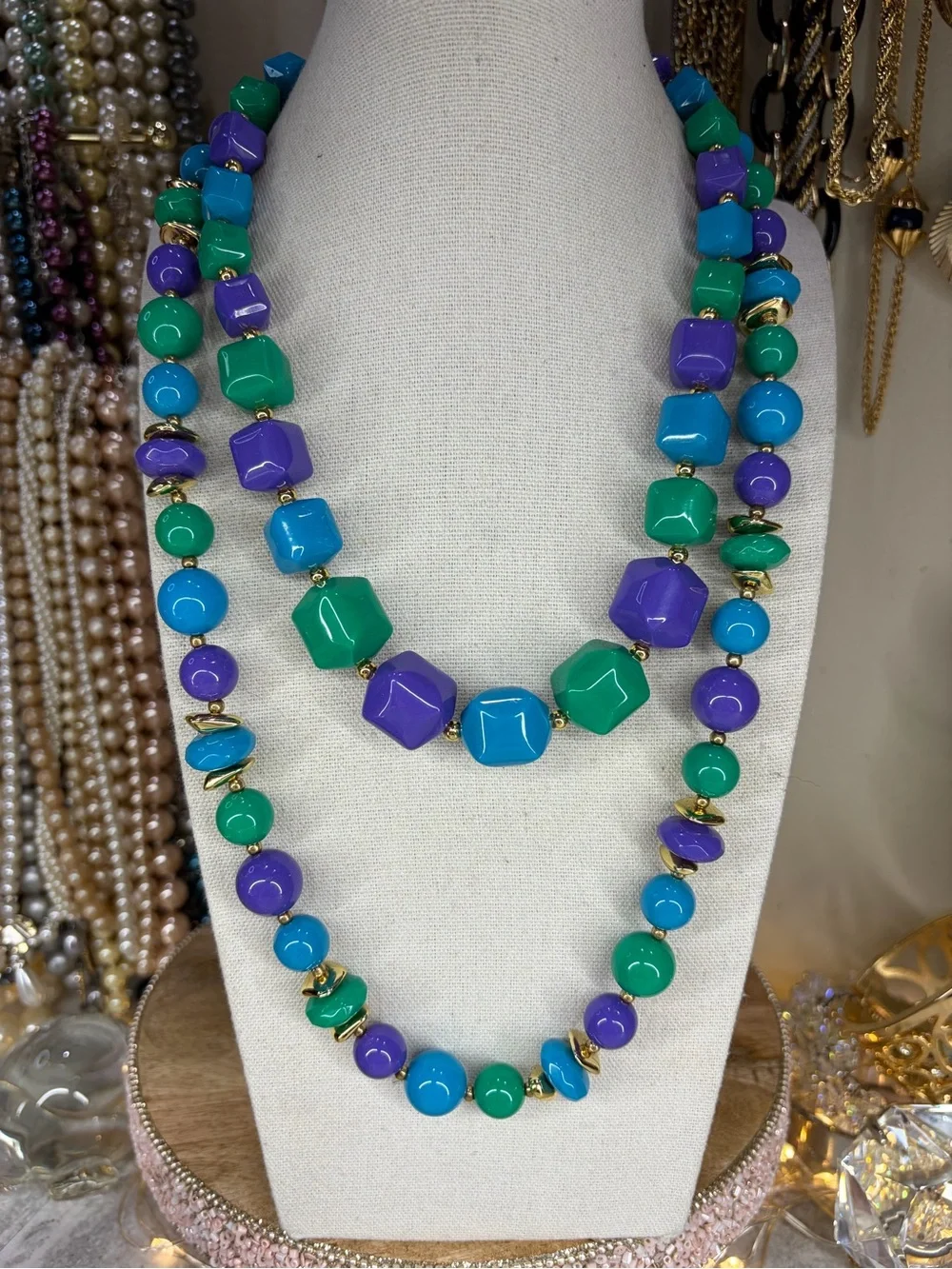 Set of 2 Vintage Lucite Necklaces Blue Green Retro Chunky Beaded Jewelry